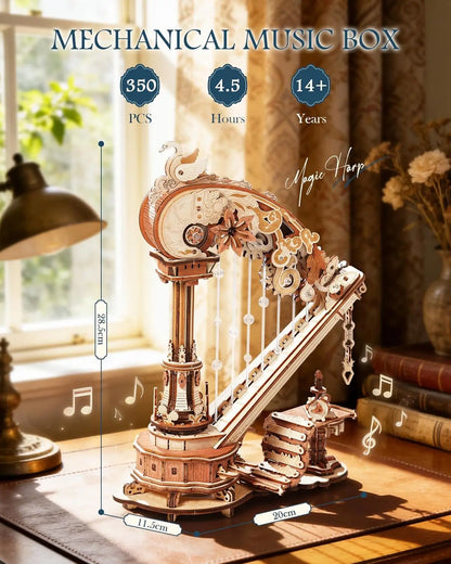 ROKR Magic Harp 3D Wooden Puzzle Music Box Mechanical Art Craft Kits Vintage Musical Wooden Model Kit for Adults Home