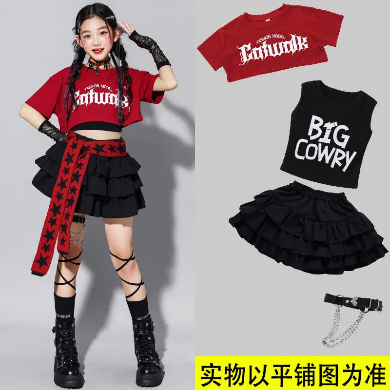 Girls K-pop Fashion Crop Top Bud Skirts Children Hip Hop Street Dance Costume Kids Streetwear Girl Group Jazz Summer Clothes Set