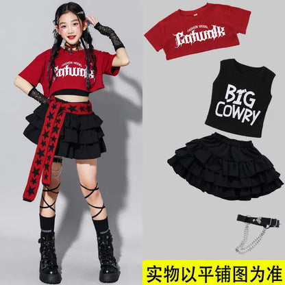 Girls K-pop Fashion Crop Top Bud Skirts Children Hip Hop Street Dance Costume Kids Streetwear Girl Group Jazz Summer Clothes Set