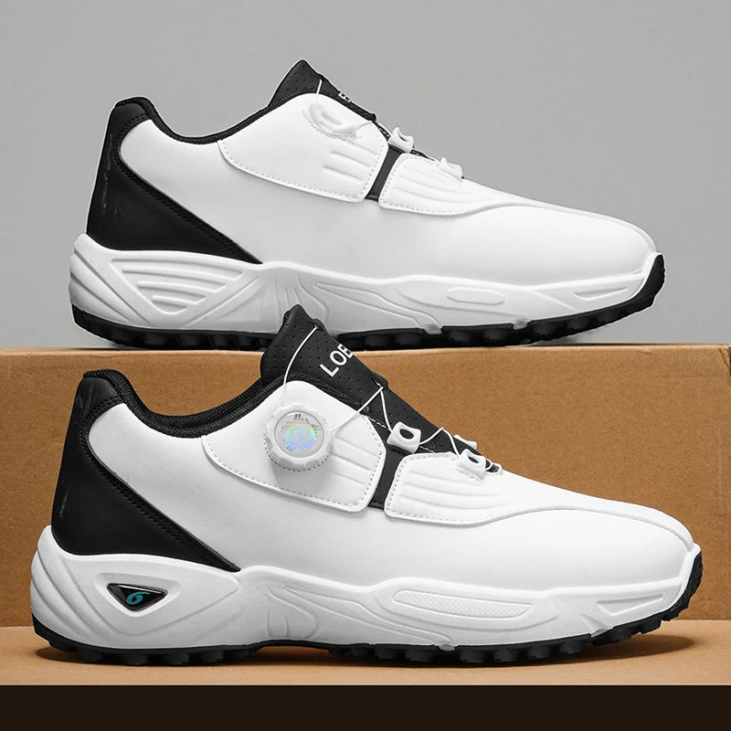 Men Rotary Buckle Golf Shoes Waterproof Leather Air Cushion Non Slip Breathable Training Sneakers 2 Colors