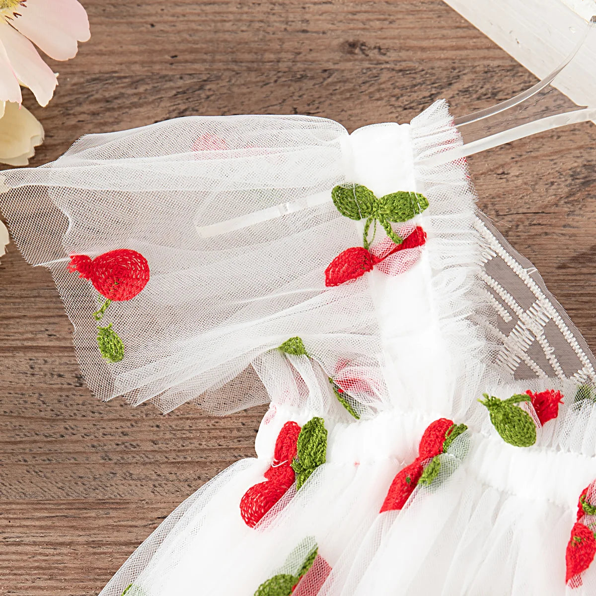 Baby Girl Dress Summer Mesh Cherry Girl Dress Cute Back Wings Wedding Flower Girl Dress Baby Girl Clothing