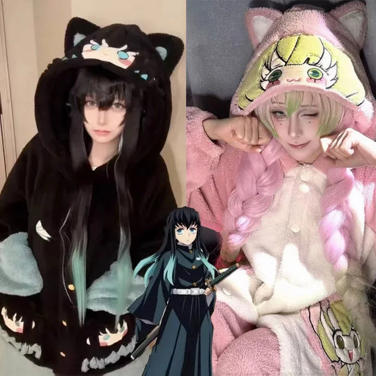 New Mitsuri Shinobu Kocho Winter Pajama Anime Demon Slayer Tokitou Muichiro Soft Plush Jumpsuit Cosplay Nightwear Girls Gift