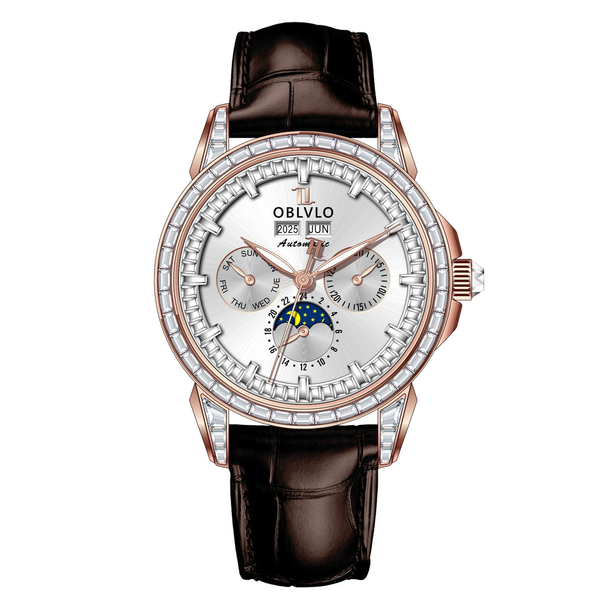 OBLVLO Men's Fashion Automatic Watch Colorful Zircon Moonphase Mechanical Multifunctional Black Leather Strap Timepiece GCM-MUT