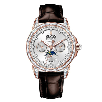 OBLVLO Men's Fashion Automatic Watch Colorful Zircon Moonphase Mechanical Multifunctional Black Leather Strap Timepiece GCM-MUT