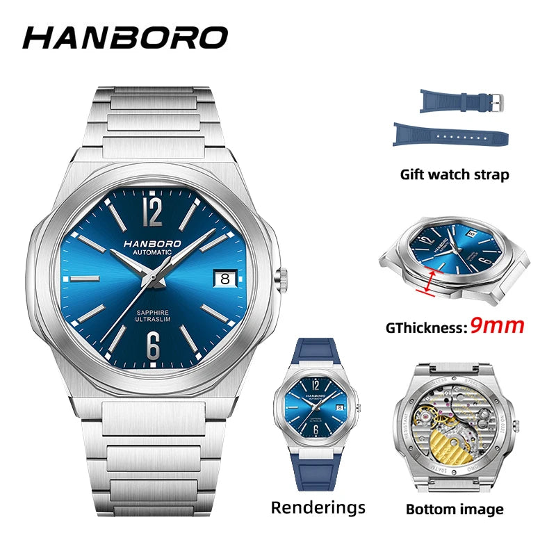HANBORO Ultra Thin Steel King Series Men's Fully Automatic Mechanical Pearl Tourette Watch Fashion Personalized Watch 018