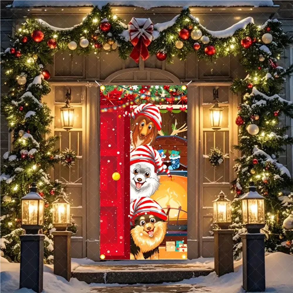 Christmas Theme Santa And Elk Backdrops Snowman Hanging Door Banner Indoor Outdoor Veranda Xmas Curtain Cover Festive Supplies
