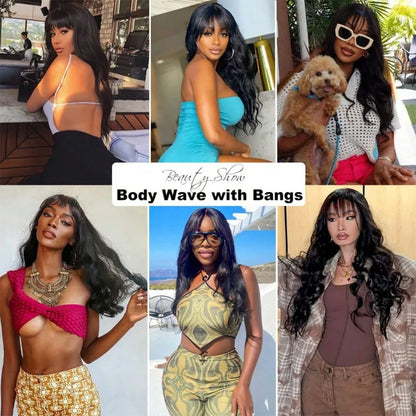 15A Glueless Body Wave Wig With Bangs Brazilian Women's Human Hair Wig Without Glue 3*1 Lace Wig With Bangs Loose Body Wave Wig