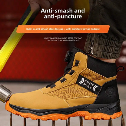 waterproof work shoes high man rotating button safety shoes anti-slip rubber outsole work boots sneakers with steel toe cap