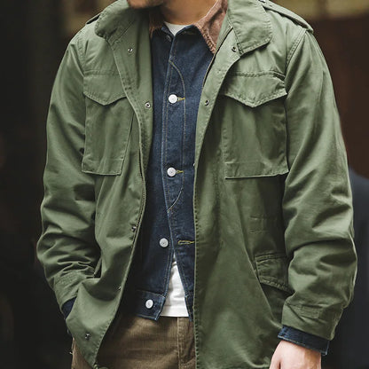 Maden Military M65 Field Jackets For Men's Green Vintage Army Jacket Casual Windbreaker Solid Lapel Collar with Pockets Overcoat