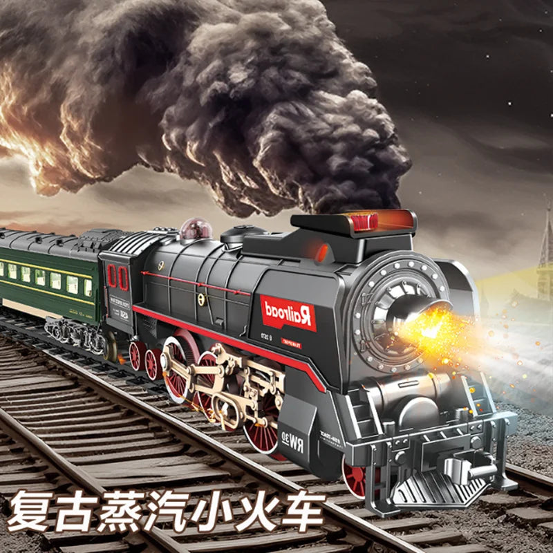 Simulation Train Remote Control Vintage Steam Train Track Accessories Spray Electric Train Carriages Locomotive Boys Toy
