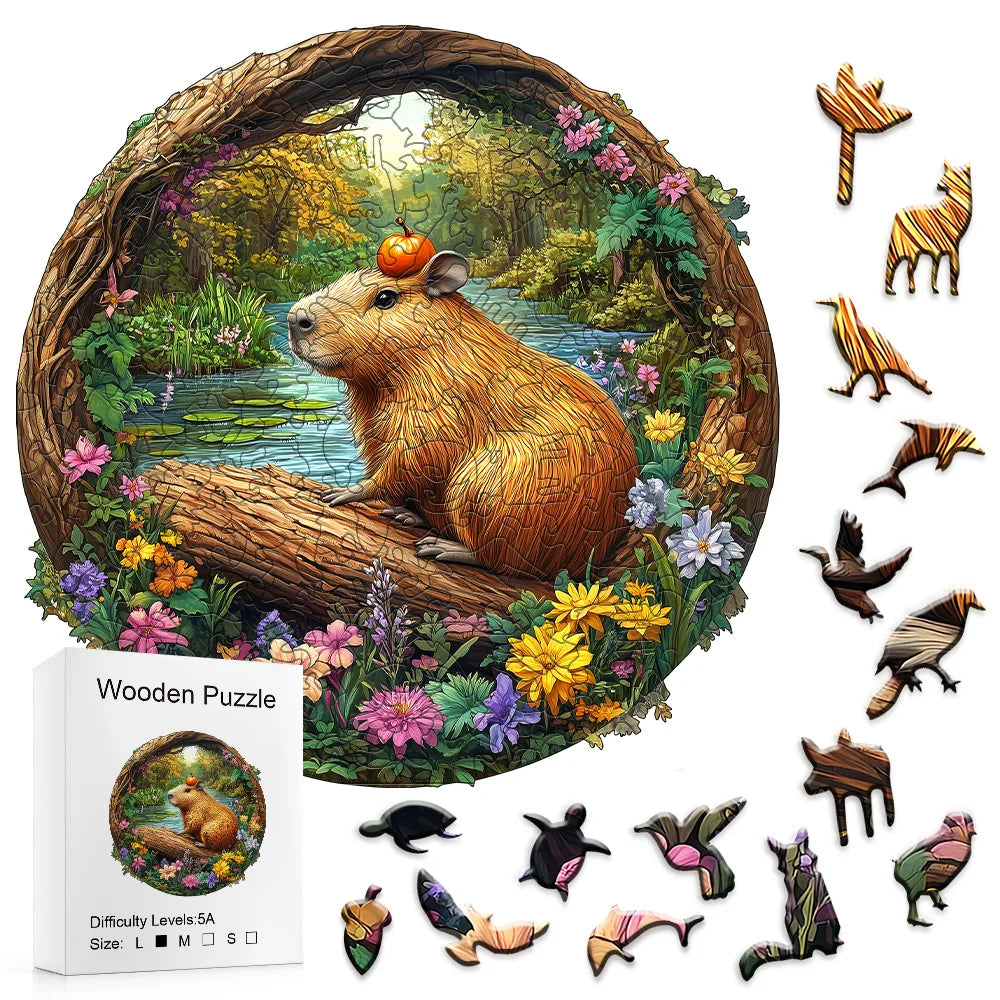 Wooden Jigsaw Puzzle - Capybara with Pumpkin Forest Animal Puzzle, Unique Irregular Shaped Pieces, 4-6 Hours Assembly, Eco-Frien
