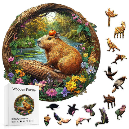Wooden Jigsaw Puzzle - Capybara with Pumpkin Forest Animal Puzzle, Unique Irregular Shaped Pieces, 4-6 Hours Assembly, Eco-Frien