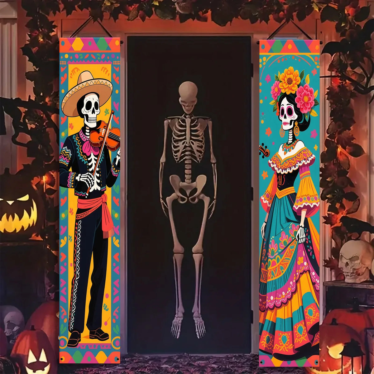 Day Of The Dead Door Banner Set Skeleton Couple Polyester Cloth Dia De Los Muertos Halloween Porch Sign For Indoor Outdoor Decor