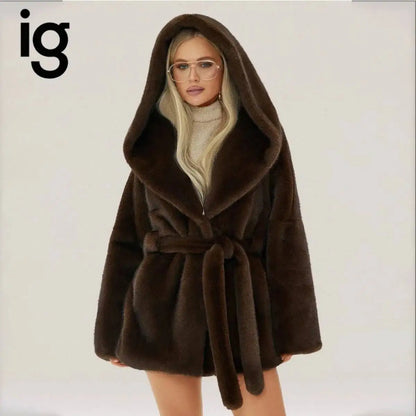 IG Women Dark Brown Hooded Faux Fur Coat Waist Tie Belt Wrap Front Mid Short Plush Fluffy Jacket Cuffed Sleeve Luxury Warm