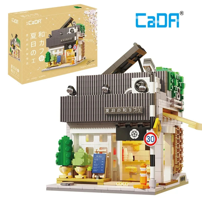 Cada Japanese Sushi HouseBricks Shop LED Japanese Steamed Bun House Building Blocks Summer Cafe Cada Toy Street View Series Set