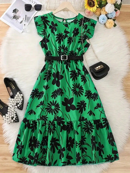 Chic teenage girl green floral long skirt with belt - casual round neck ruffle sleeves, perfect for summer, teenage jumpsuit