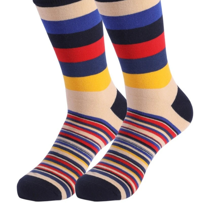 5 Pairs Spring Autumn New Large Classic Color Middle Tube Men's Socks Thick and Stripe Style Small and Unique Men's Long Socks