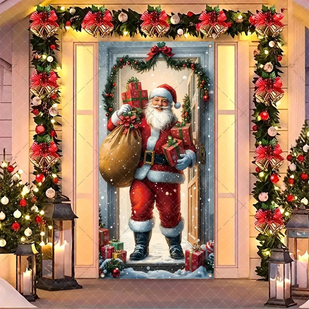 Christmas Humorous Santa Claus And Elk Door Banner Party Decorations Indoor Outdoor Veranda Door Cover Supplies Festive Gifts
