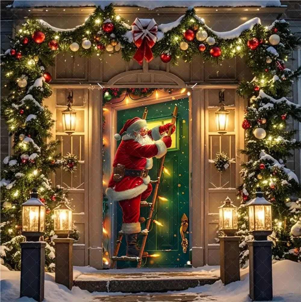 Christmas Theme Santa And Elk Backdrops Snowman Hanging Door Banner Indoor Outdoor Veranda Xmas Curtain Cover Festive Supplies