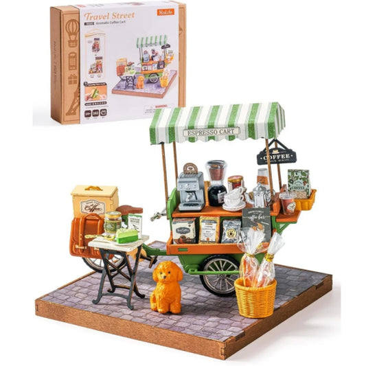 Rolife Tiny House Dollhouse Coffee Cart Building Model Diorama DIY Miniature House Kit 3D Wooden Puzzles for Adults Unique Gifts