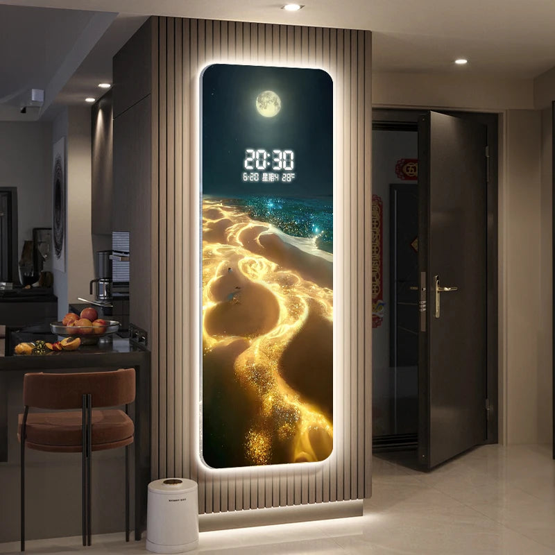 Wave painting, living room clock, moon digital display, intelligent electronic clock, entrance decoration, painted lights