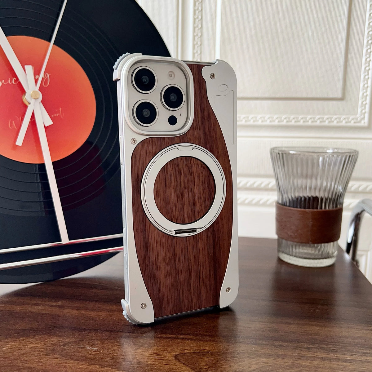Luxury Metal Frame Walnut Wood Frameless Phone Case For iPhone 18 17 16 15 14 Pro Max Magsafe Magnetic Rotating Bracket Cover