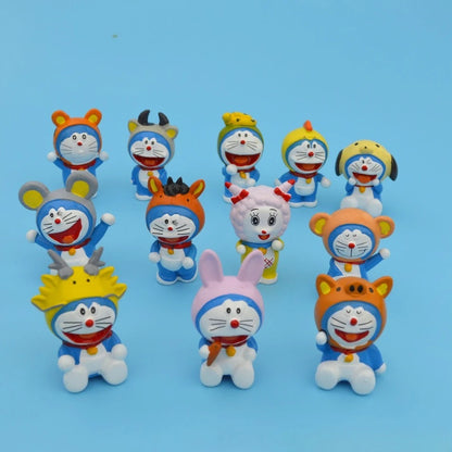 12 constellation Doraemon character set, tinkling cat 12 zodiac PVC mini statue, desktop ornaments collection model toy gift.