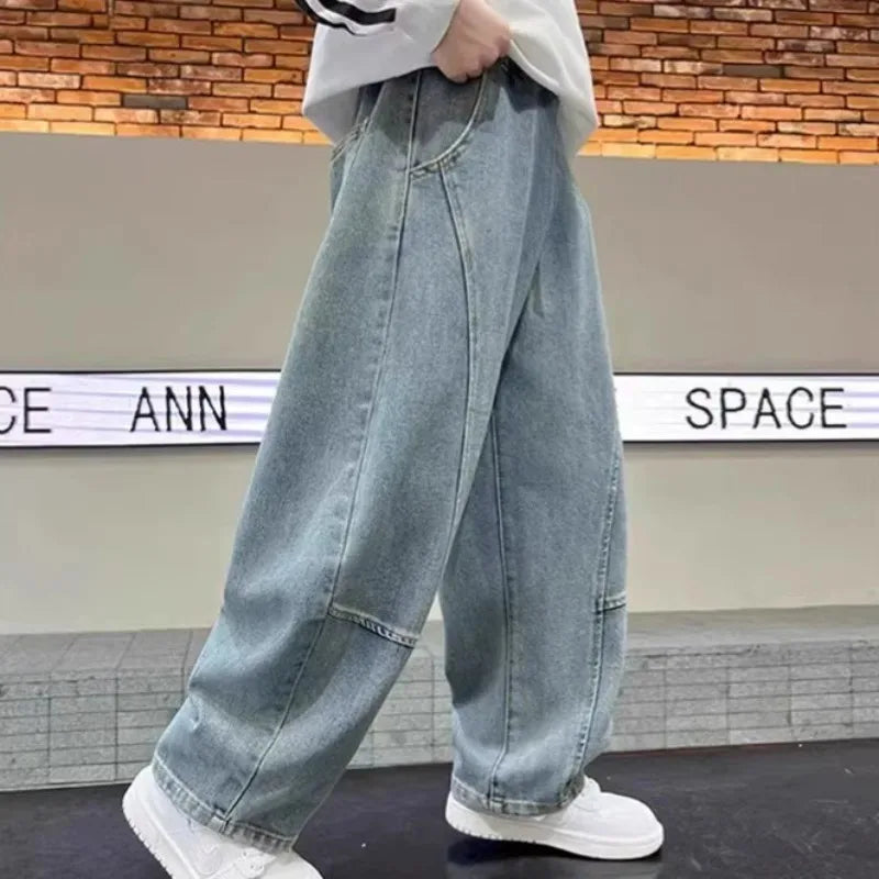 4-12Years Boys Jeans New Wide Straight Leg Denim Pant Children Spring Autumn Big Kids Handsome Cotton Sports Pants