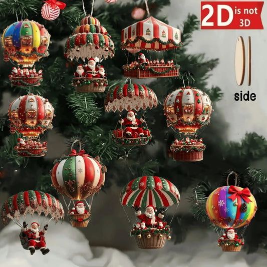 A Set of 10Pcs Santa Claus Parachute Series Handmade Wooden Hanging Ornaments - Perfect Holiday Gift Decoration for Home and Garden