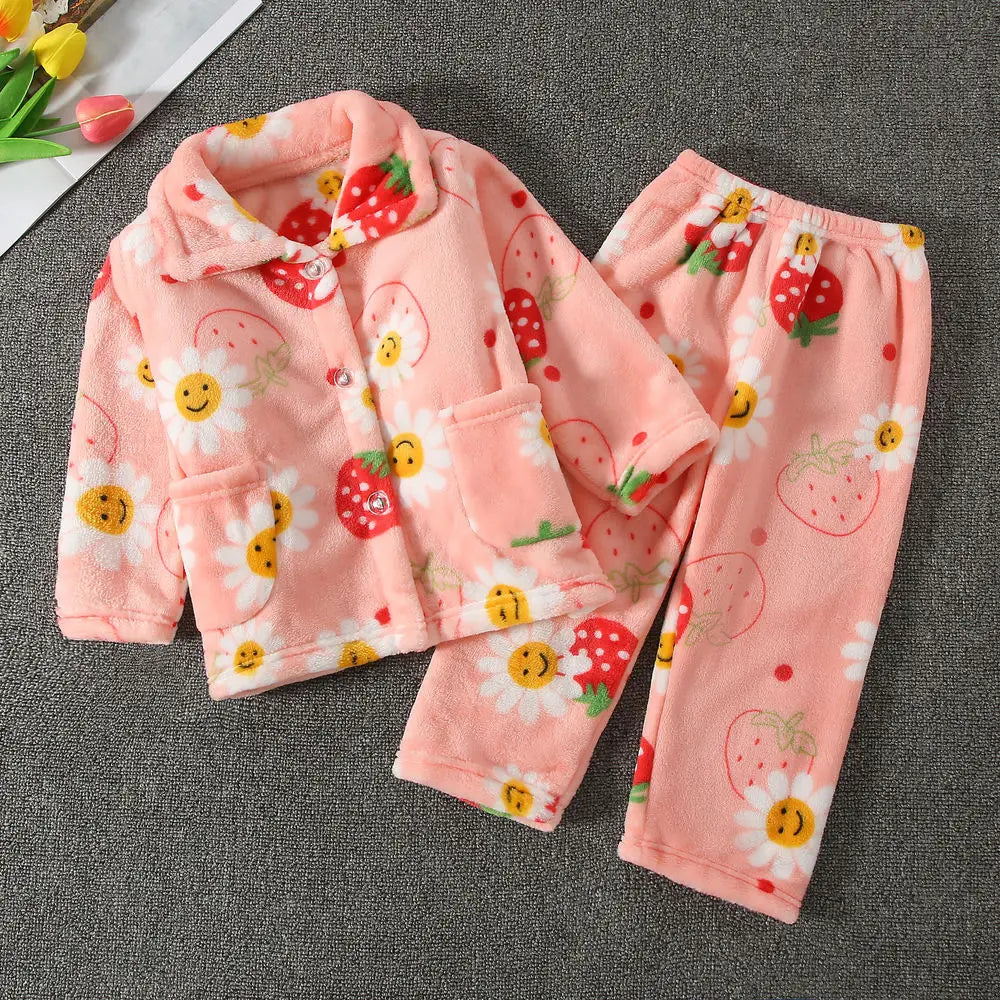 Girls' sleepwear long sleeved flannel children's sleepwear autumn and winter coral fleece boys' baby children's home Clothing se