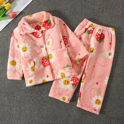 Girls' sleepwear long sleeved flannel children's sleepwear autumn and winter coral fleece boys' baby children's home Clothing se