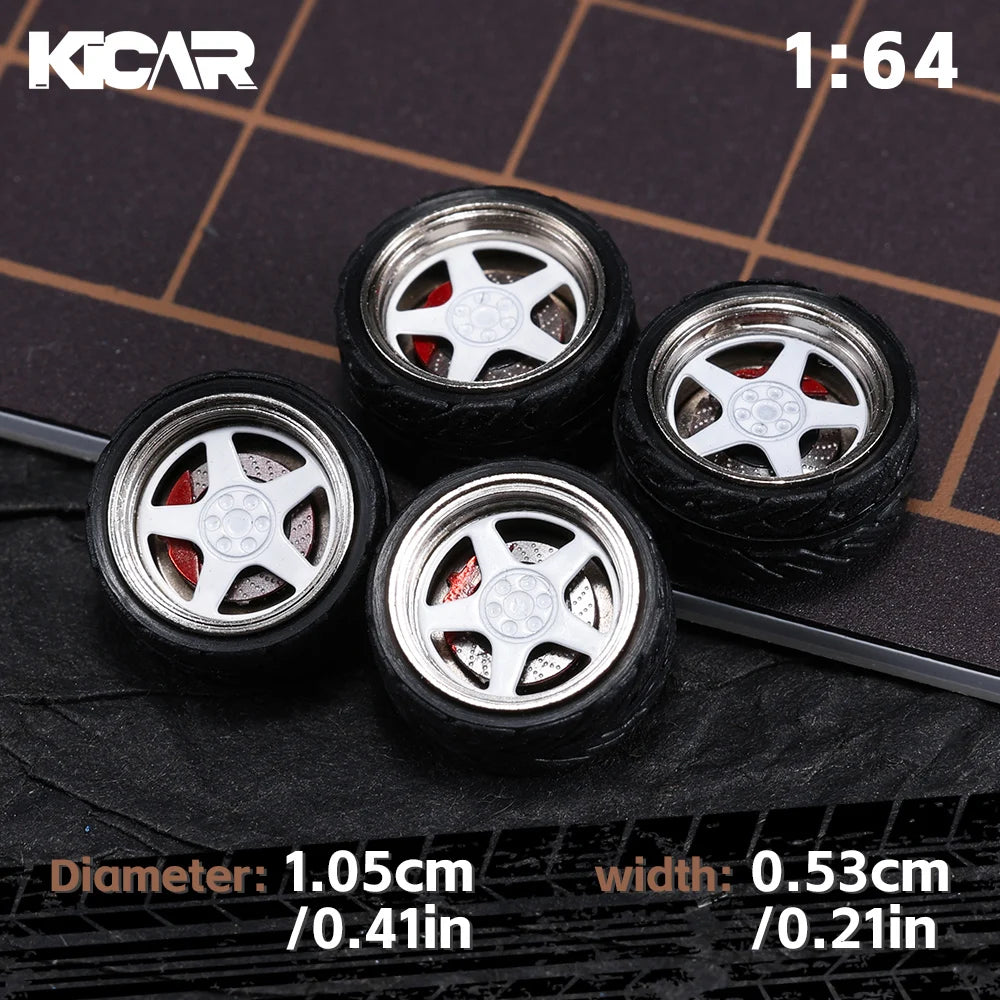 Kicarmod 1/64 10.5mm Alloy Model Wheels with Magnetic Hub Caps-with Rubber Tires for Tomica Custom Diecast Cars