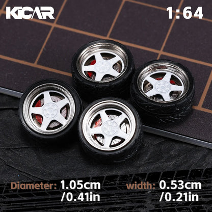 Kicarmod 1/64 10.5mm Alloy Model Wheels with Magnetic Hub Caps-with Rubber Tires for Tomica Custom Diecast Cars
