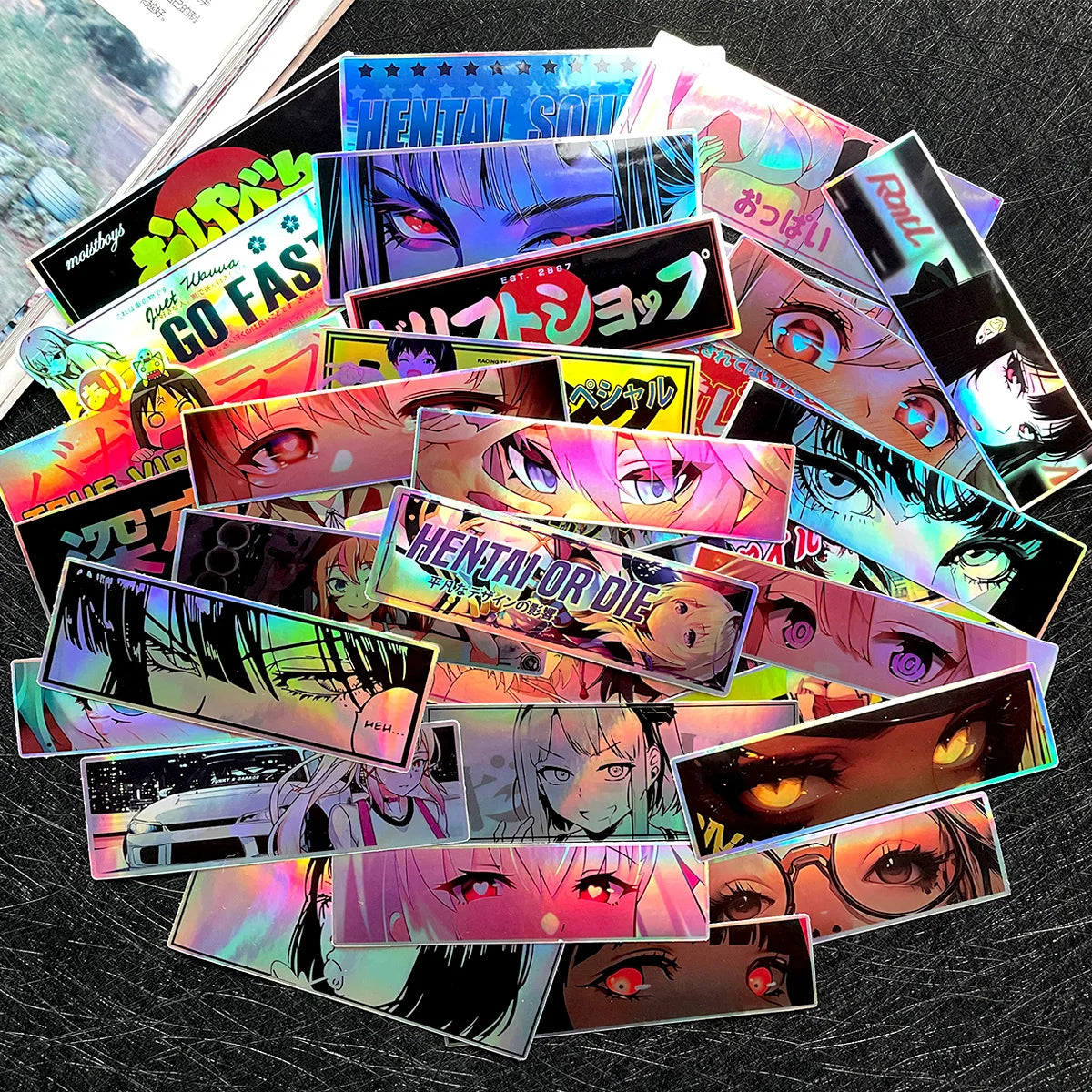 32PCS Random Laser Anime Beauty Eye Stickers Motorcycle Car Bike Helmet Tank Racing JDM Logo Accessories Decals DIY Sticker Pack