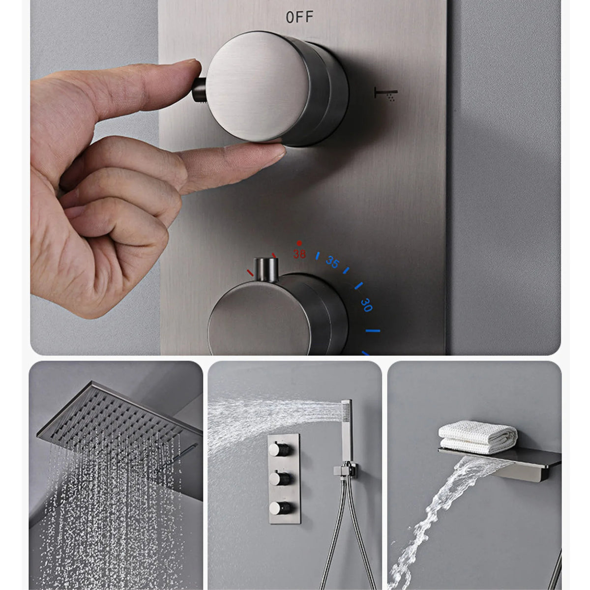 Luxury Gun Grey Brass Wall Mounted Constant Temperature Shower System Embedded Cold and Hot Water 4-Function Bathroom Mixer