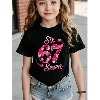 Children's 67 Christmas Elf Print Girls Short Sleeve Round Neck Tee Parties Casual Wear Comfort Children Clothes Girl Clothing