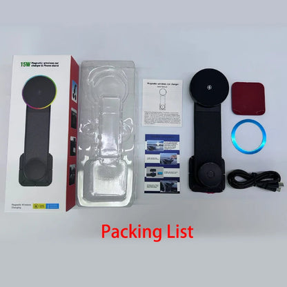 15W Qi2 Magnetic Car Phone Holder Wireless Charger for iPhone 16 17 Pro Max for Magsafe Car Charging Charger LED Light