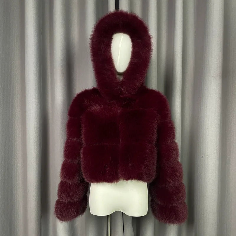 Winter Warm Ladies Fake Fox Fur Jacket Short Fashion Hooded Artificial Fox Fur Coat High Quality Women's Cropped Fur Coat Black