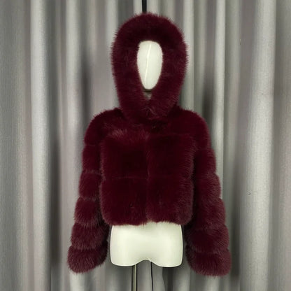 Winter Warm Ladies Fake Fox Fur Jacket Short Fashion Hooded Artificial Fox Fur Coat High Quality Women's Cropped Fur Coat Black