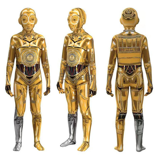 New Adult Kids Robot Cospaly Costume Punk Gold Zentai Jumpsuit Men Women Halloween Masquerade Party Costumes