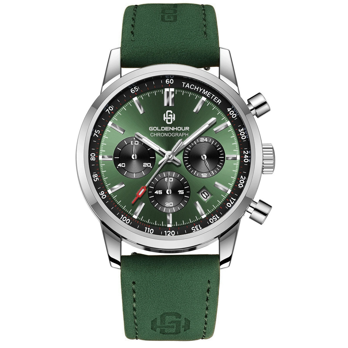 Men's Luxury Watch GOLDENHOUR Green Chronograph Quartz Leather Waterproof Luminous Military Sport Wristwatch Relogio Masculino