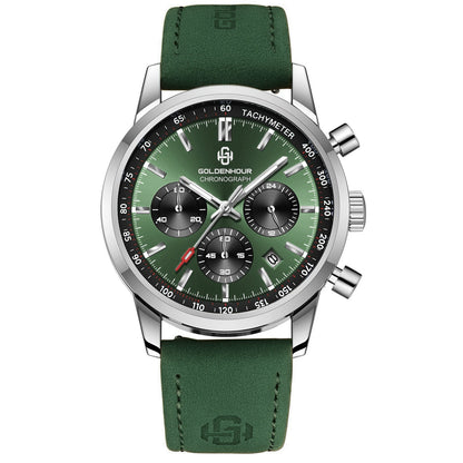 Men's Luxury Watch GOLDENHOUR Green Chronograph Quartz Leather Waterproof Luminous Military Sport Wristwatch Relogio Masculino