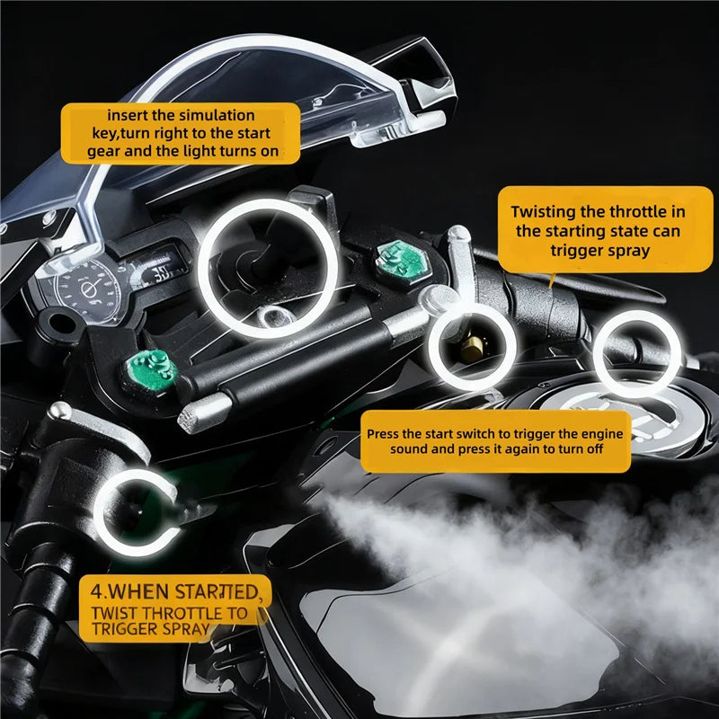 Key Control 1:9 H2 H2R Alloy Sports Motorcycle Model Diecasts Track Racing Motorcycle Model Sound Light With Spray Kids Toy Gift