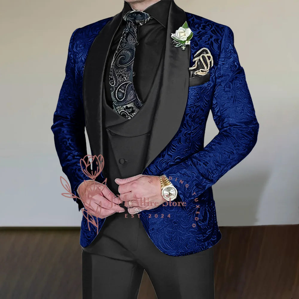 Silver-Grey Jacquard Suit for Men 3Pcs Set Black Satin Jacket Vest Pants Tailored Fit for Wedding Groom Cocktail Party Tuxedo