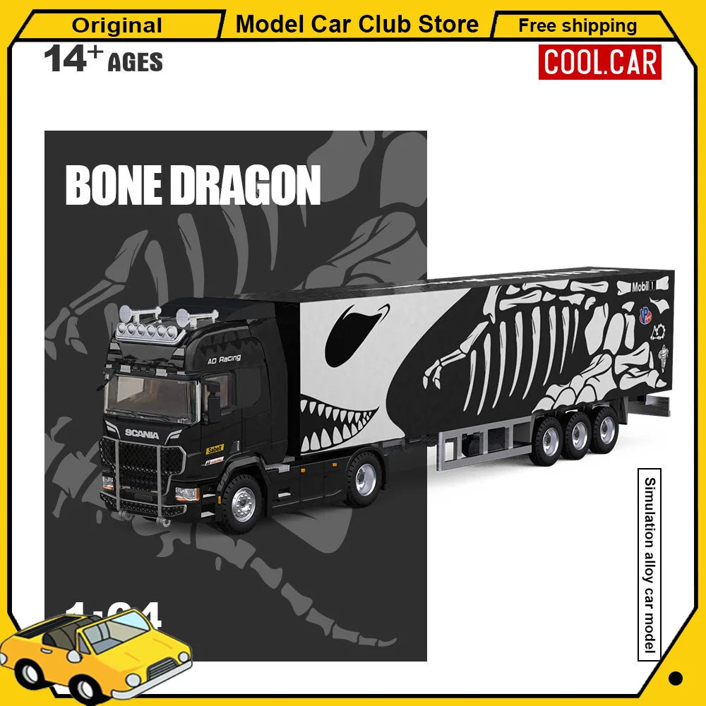 New Cool Car CC 1:64 Scania BONE DRAGON Skeleton Dinosaur Pink Panther Close Van Transport Trailer Alloy Car Model Diecast Toys