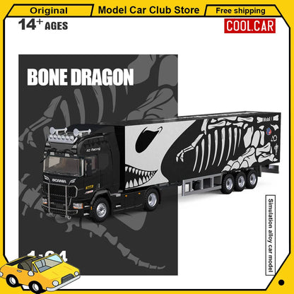 New Cool Car CC 1:64 Scania BONE DRAGON Skeleton Dinosaur Pink Panther Close Van Transport Trailer Alloy Car Model Diecast Toys