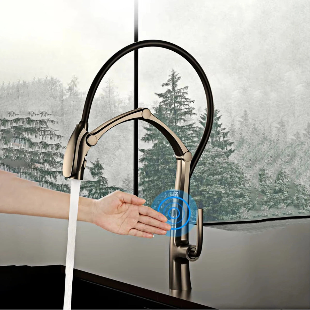 Luxury Gunmetal Brass Kitchen Faucet with LED Display,Sensor&Pull-Out 3-Function Spray,Touchless High Pressure Water-Saving Tap