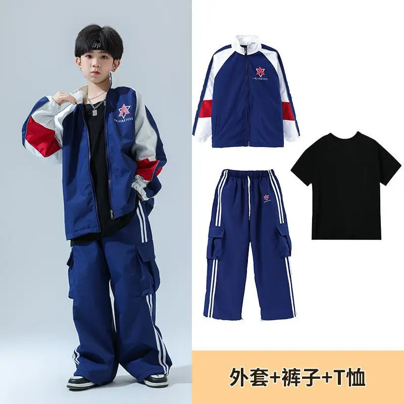 Kid Cool Hip Hop Clothing Navy Blue Zip Up Windbreaker Jacket Coat Top Casual Wide Pants for Girl Boy Jazz Dance Costume Clothes
