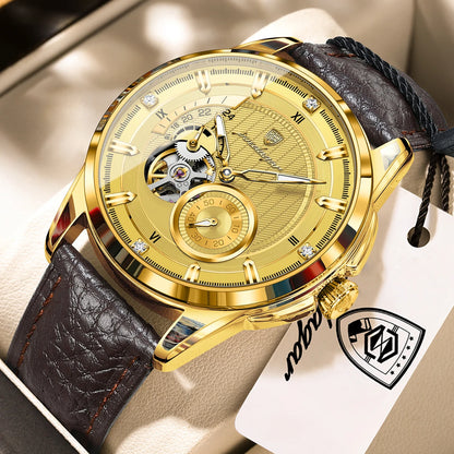 POEDAGAR High Quality Luxury Men Watch Fashion Hollow Tourbillon Man Clock Automatic Mechanical Leather Men's Watches Male Reloj