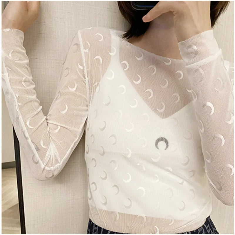 Ice Silk Two Piece Set Womens Sun Protection Clothes Long Sleeve Moon Print Top and Pants American Retro Sexy Autumn New